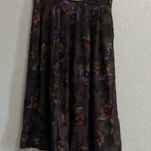 Vintage Women's Pleated Skirt Floral Print Brown Size Button Sz 16